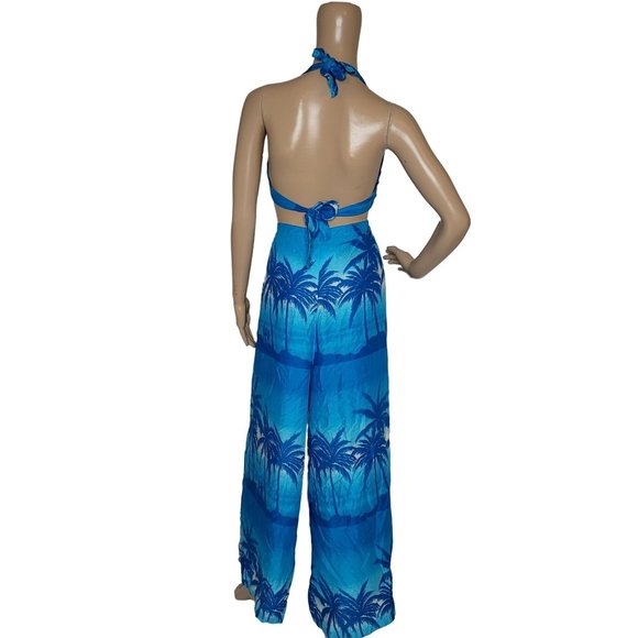 in gear Hawaiian blue palm tree one size outfit bikini top with tie pants. - Picture 3 of 10